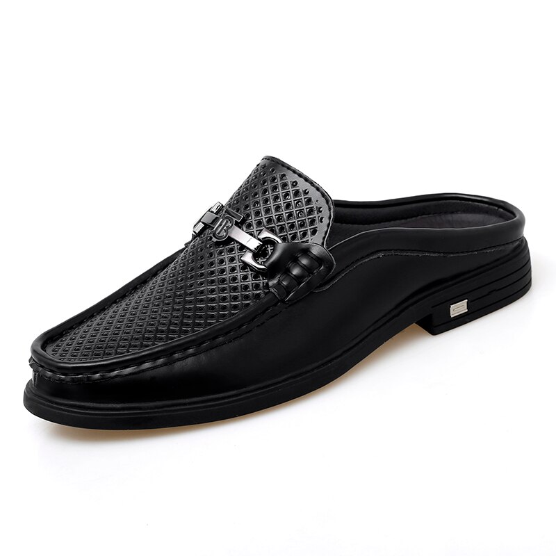 Medias zapatillas de verano para hombres, cómodas zapatillas de exterior para hombres, zapatos de cuero con agujeros, zapatos de conducción informales, zapatos de cuero, zapatillas de deporte: Black / 8,5