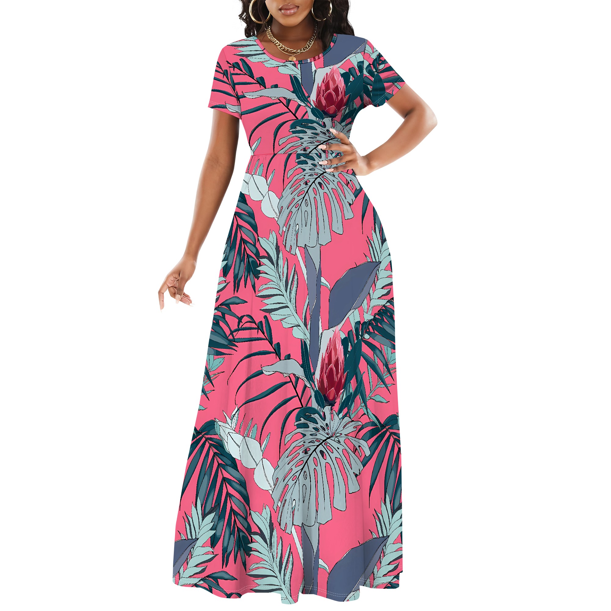 Pink Lotus Floral Maxi Dress Short Sleeve A-Line Vacation Long Dress: L / DEEP BLUE