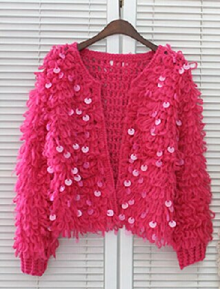 Kvinde pailletter mohair hulstrikket cardigan sweater kvaster jakke paillet kort frakke open stitch streetwear: Rose