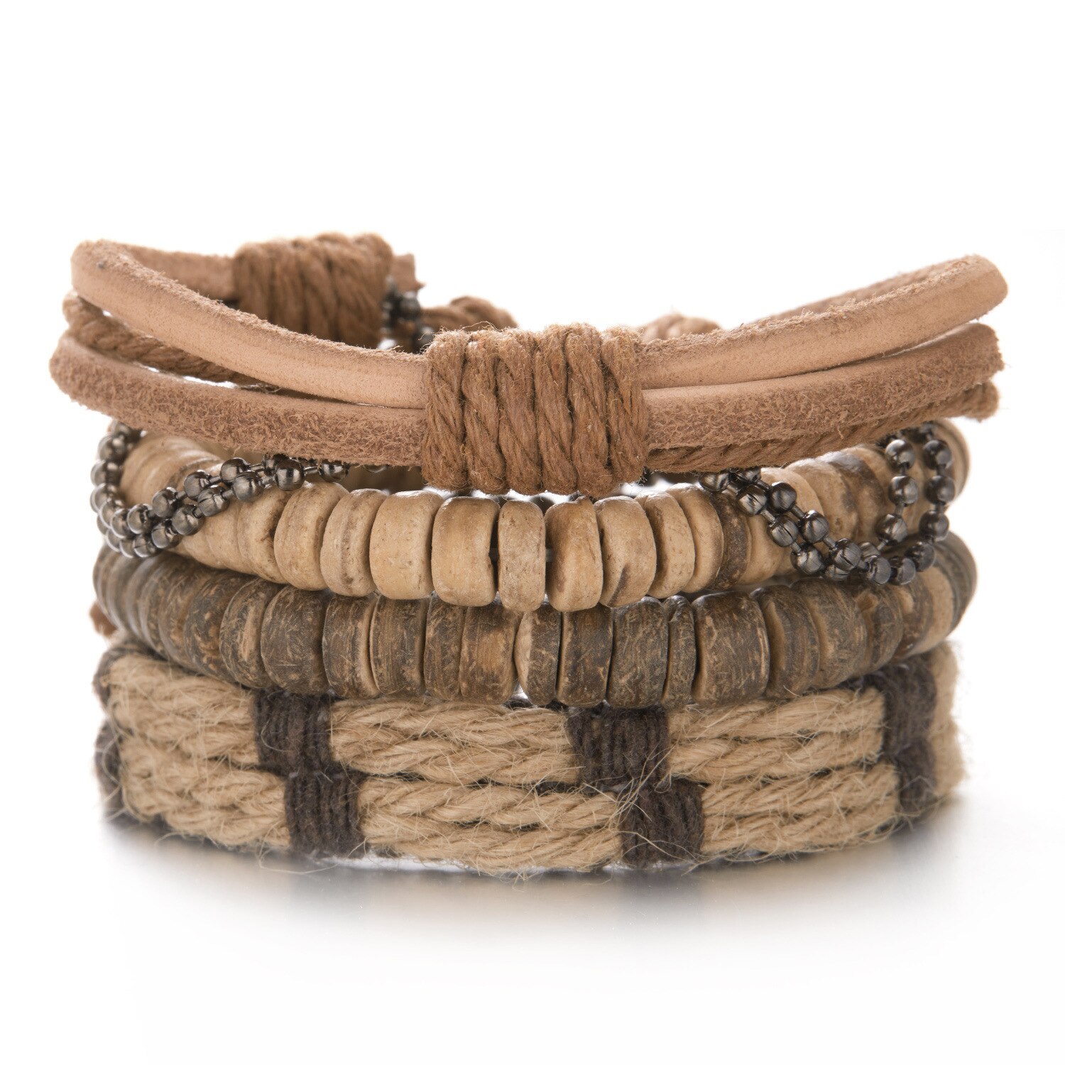 4 pezzi combinazione bracciale da uomo Set corda marrone perline di legno di cocco bracciali in pelle intrecciata per uomo regalo gioielli Pulsera Hombre: BR22Y0034