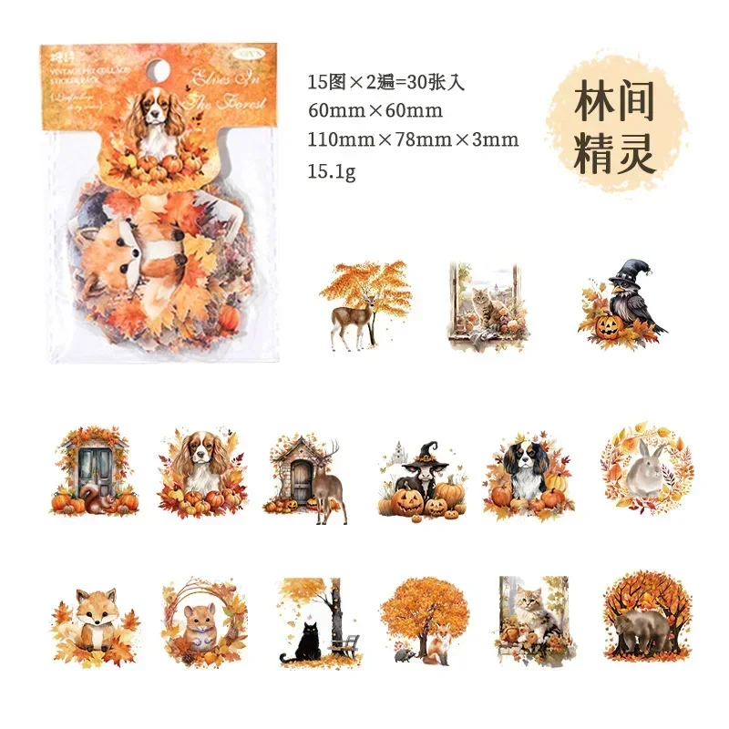 30Sheet Scrapbook Supplies PET Sticker Bag leaf Collage Story Retro DIY Decorative Handbook 110*78mm Materials Package: Light Grey