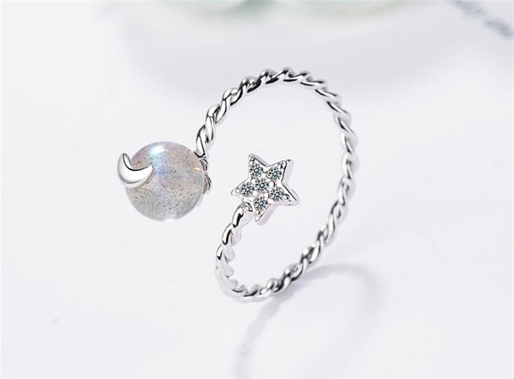 Estrella de la piedra lunar con apertura de corazón de fresa fresca, Plata de Ley 925, personalidad femenina, apertura de tamaño variable, anillos SRI209: Moonstone