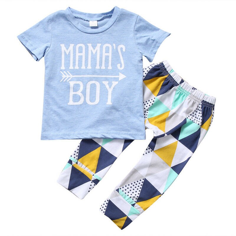 Sommer 2 stk outfit småbørnetøjssæt baby drengetøj nyfødt kortærmet bomuldst-shirt toppe + geometrisk buks