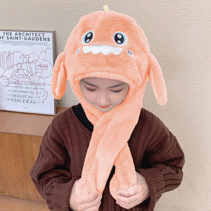 Doitbest-gorros de invierno con orejas móviles para niño y niña, gorro de terciopelo con tiburón grande, bufanda de una pieza, gorros con orejeras: Naranja
