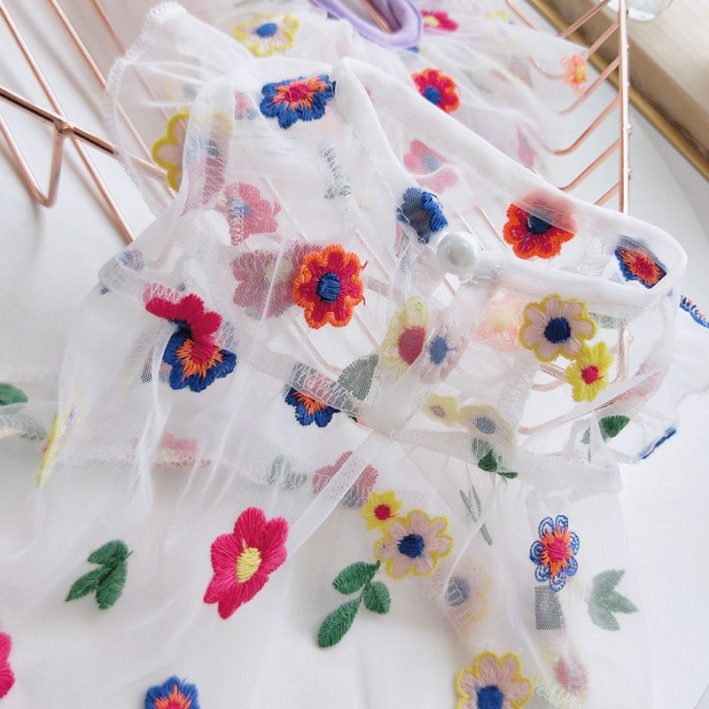 Robe transparente en Tulle pour filles, motif Floral, blanc, manches courtes, chiot, chat, caniche, jupe de princesse, Chihuahua, carlin, été
