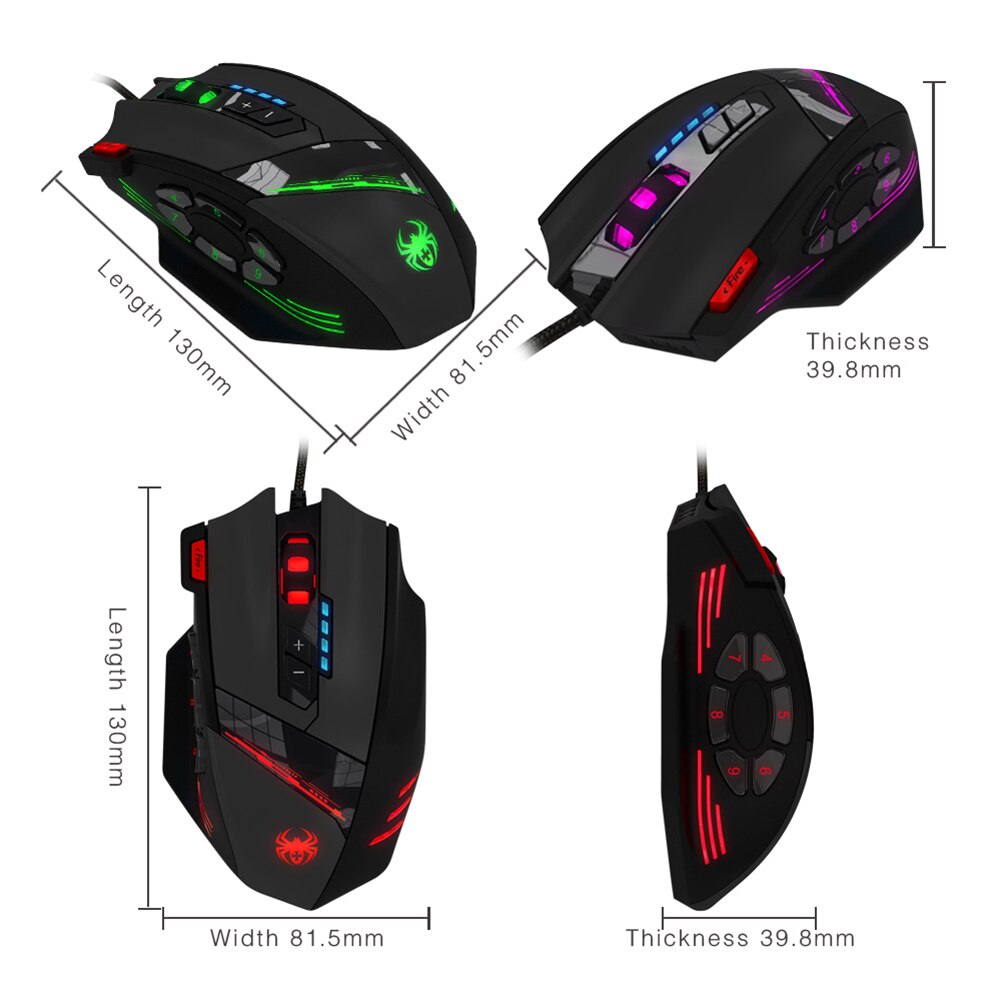 ZELOTES-ratón óptico C-12 para videojuegos, Mouse con cable USB, 4 engranajes, 4000DPI, ajustable, con retroiluminación colorida, 12 Botones programables