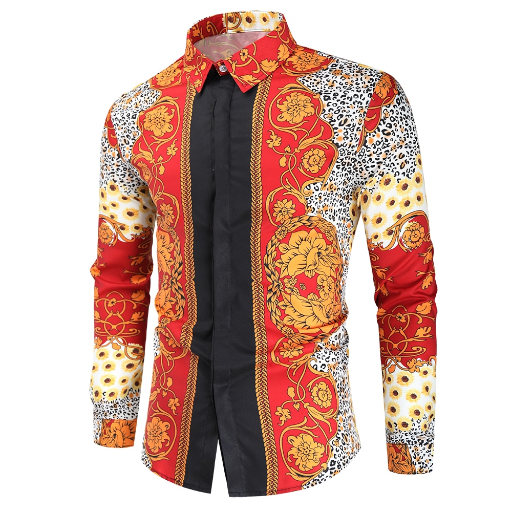Royal print rød skjorte mænd luksus afslappet camisas hombre manga larga business formelle slanke herre kjole skjorter