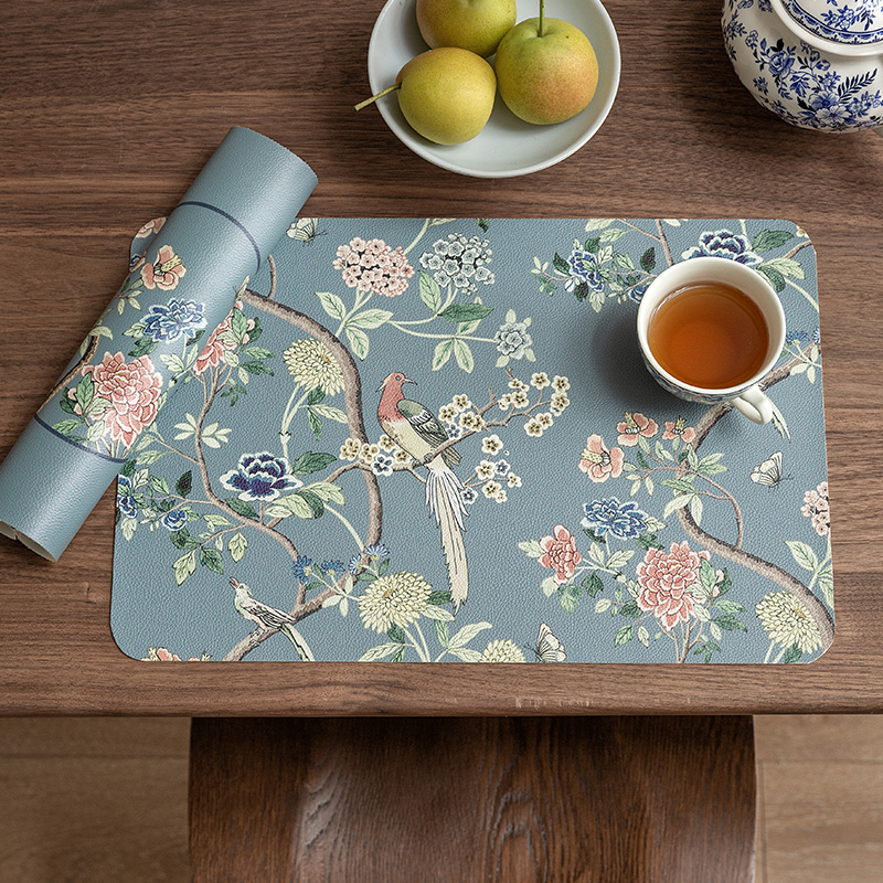 Heat Resistant Table Mats Set of 2, Hydrangea Faux Placemats, Floral Bird, Chinese Style, Digital Printing for Party Family