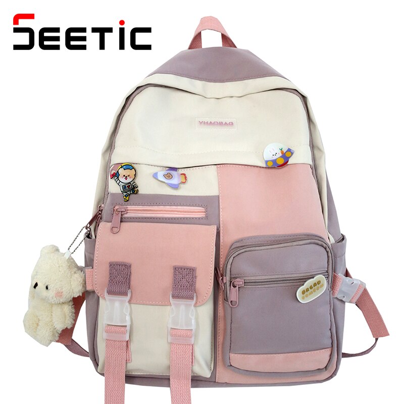 Seetic Kawaii Nylon Vrouwen Rugzak Multi-Pocket Rugzak Voor Tiener Waterdichte Dame Laptop Rugzak Hoge Capaciteit Reistas Vrouwen: Pink Backpack / Without pendant
