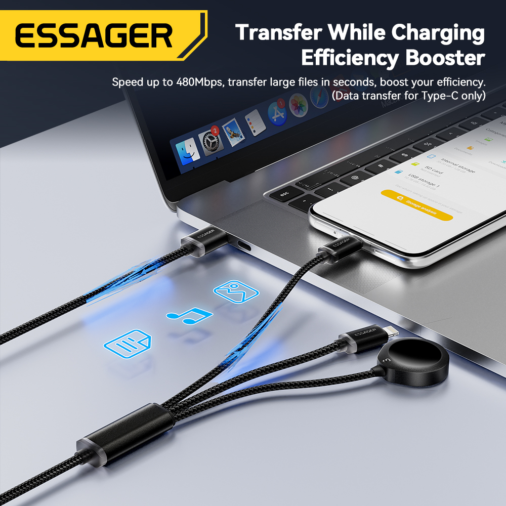 Essager 3-in-1 multi-USB A-oplaadkabel voor Apple iWatch iPhone 16/15/14/13 Pro met USB Type C Lightning snellaadkabel