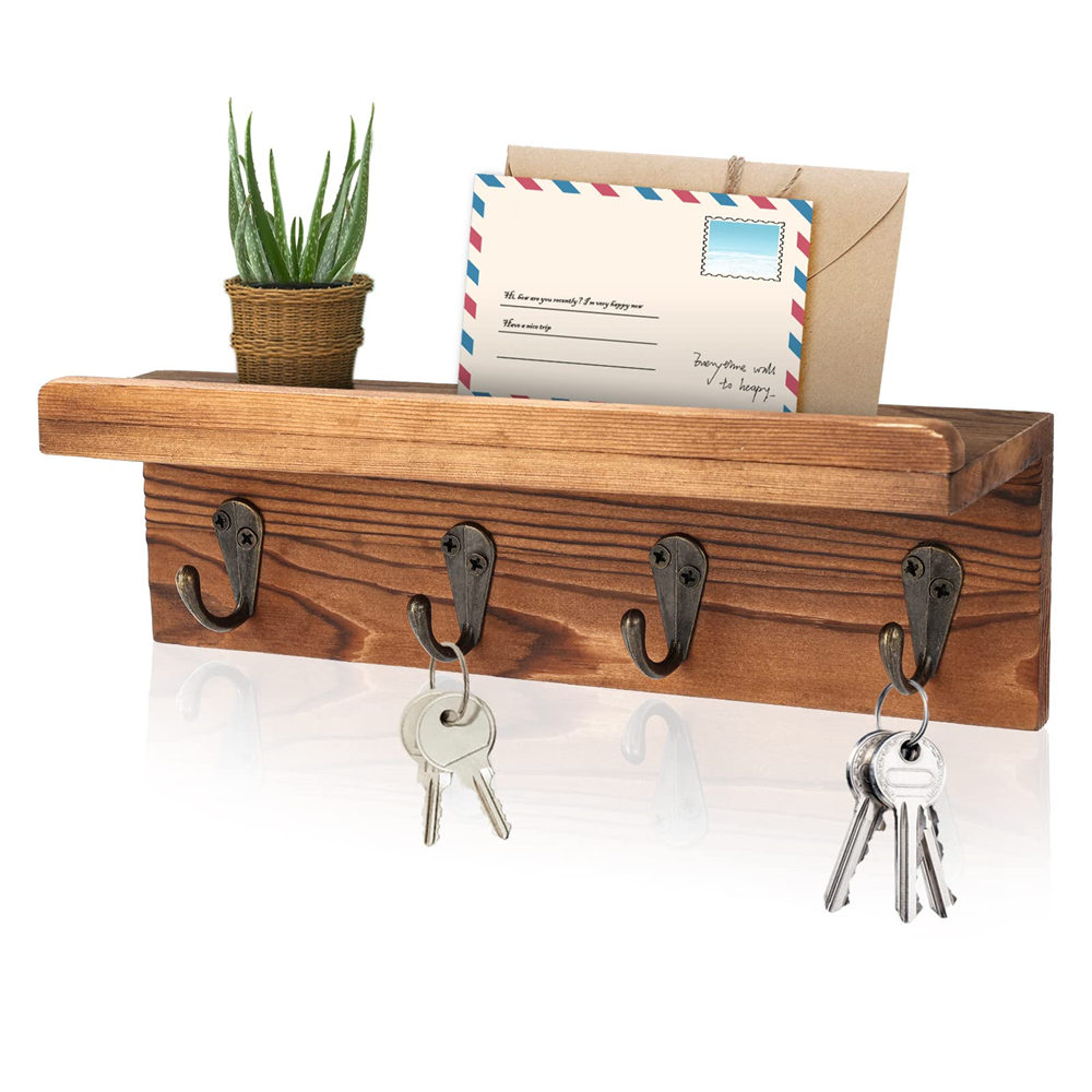Portallaves de madera de granja, soporte de correo montado en la pared con 4 ganchos para llaves, estante decorativo de entrada para llaves, correa de perro: Bronce