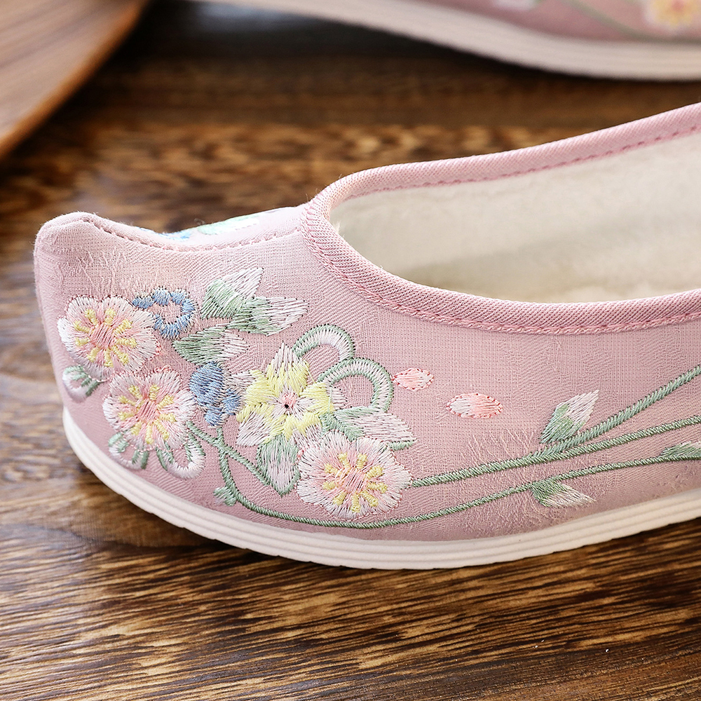Veowalk Vintage Geborduurde Winter Schoenen Met Bont Voor Vrouwen, Dames Ademend Chinese Katoen Spitse Neus Schoenen Wit