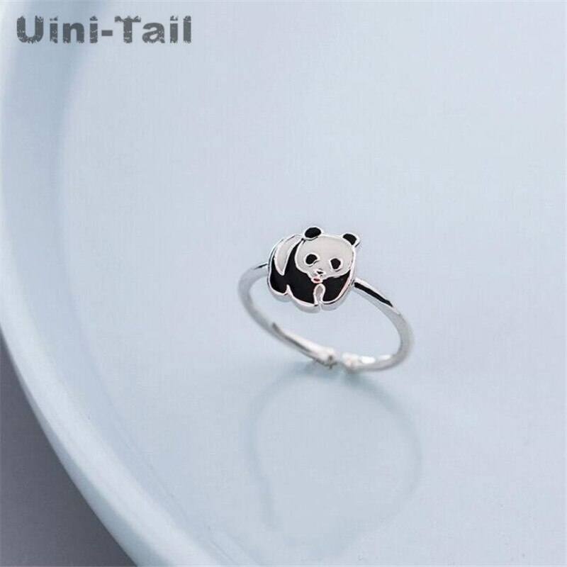 Uini-tail-anillo ajustable con apertura de panda, Plata de Ley 925, Tesoro Nacional de China, animal PEQUEÑO de