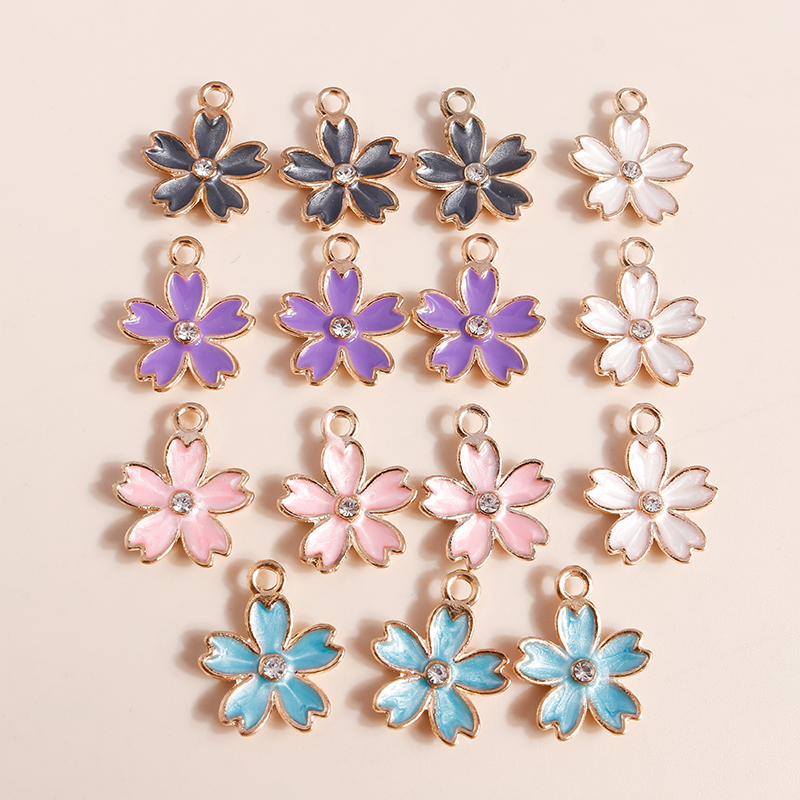 Dijes de flores de cristal rosa para fabricación de joyas, abalorios de plantas de aleación esmaltada para collar y pendientes, 10 piezas, 14x17mm: Rodio plateado