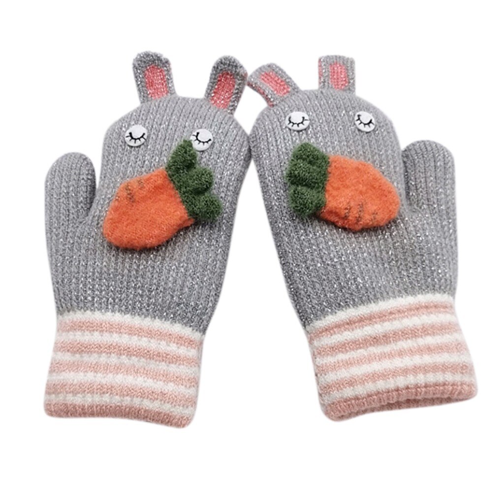 Cartoon Rabbit Knitted Gloves For Children Kids Boys Girls Carrot Applique Patchwork Hand Gloves Winter Warm Full Finger Mittens: B