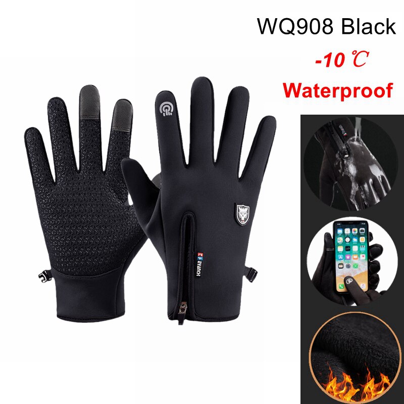 Guantes de ciclismo impermeables para exteriores, manoplas de invierno para pantalla táctil, a prueba de viento, para motocicleta, esquí y bicicleta: WQ908 Black / XL