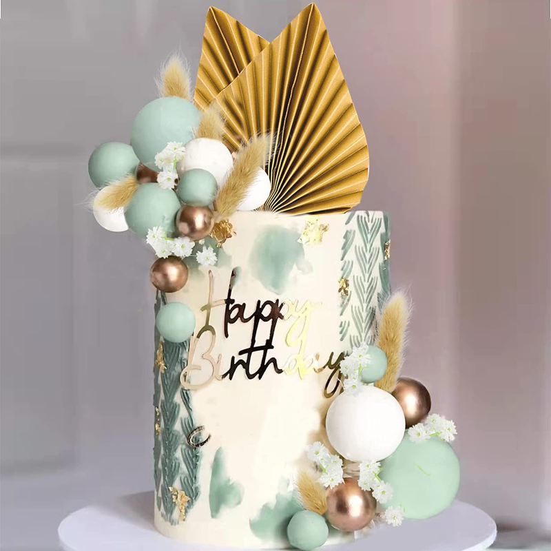 Décoration de gâteau en papier imbibé de cuir chevelu de palmier doré, boule de métal, fleur, ventilateur, joyeux anniversaire, fête préChristophe, décor de gâteau Chi, mariage