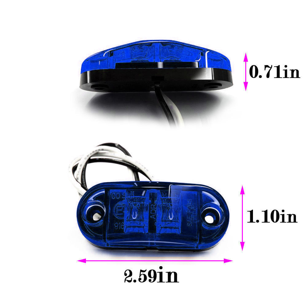 Fuleem 10PCS Blue LED 2.5INCH 2 Diode Light Oval Clearance Trailer Truck LED Side Marker Lamp 12V 24V Waterproof
