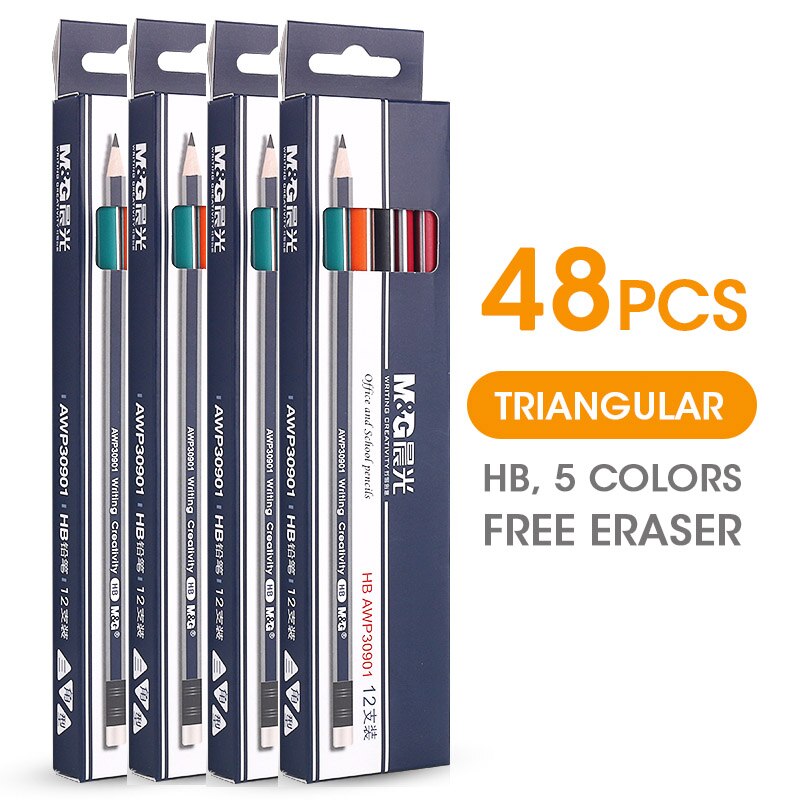 M & g förslipade triangulära hb skolpennor med suddgummi 24/48/120 st / parti grafit svart bly trä penna för skolmaterial: 48 st  (4 lådor)