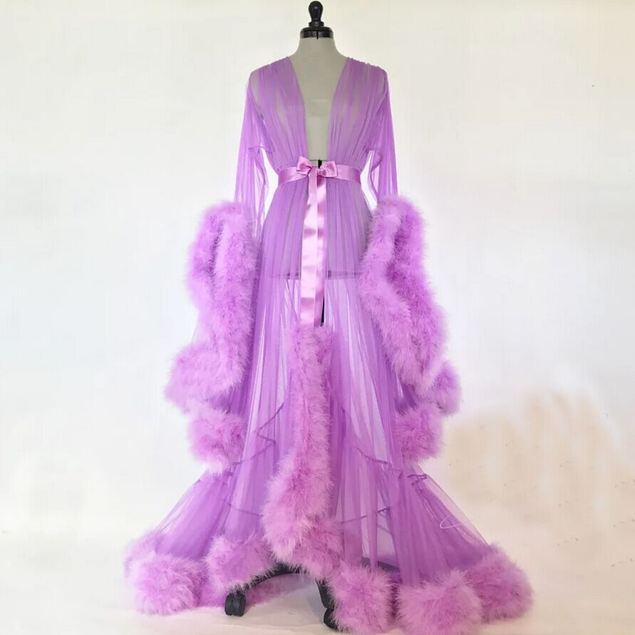 Sexede kvinder blonderkjole kimono nat maxikjole natkjoler mesh langærmet pels babydoll fest nattøj nattøj kjoler: C