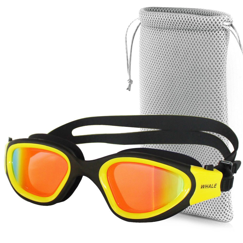 Voksen anti-tåge uv beskyttelseslinse mænd kvinder svømningsbriller vandtæt justerbare silikone svømmebriller i poolen: Gul med taske