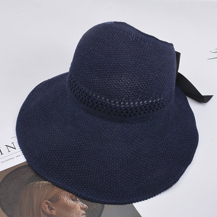 Kvinder sommer visir hat hat sammenfoldelig solhat bred stor rand strand hatte stråhat chapeau femme strand uv beskyttelse cap: Marine blå
