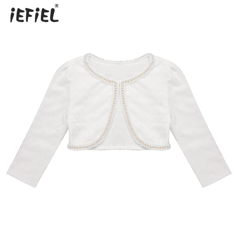 White Kids Girls Long Sleeves Lace Beaded One Button Closure Bolero Shrug Cardigan Top Faux Pearl Trimmings Short Girls Jackets