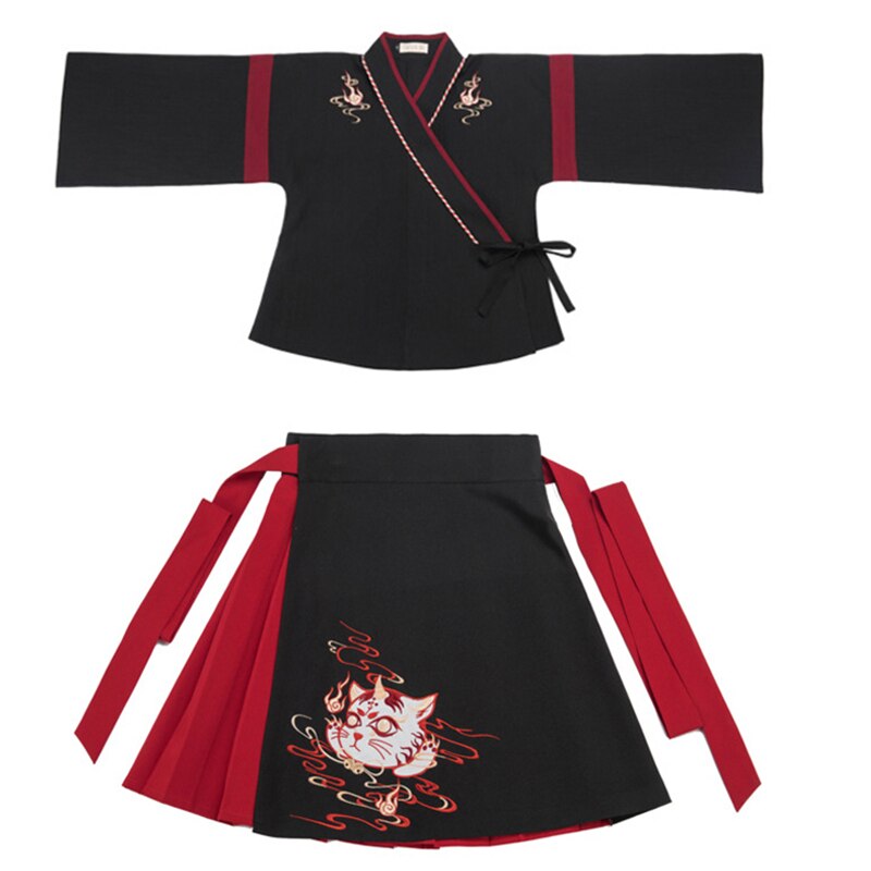 Japanischen Kimono Kleid Frau Schwarz Weiß Katze Stickerei Süße Mädchen Jahrgang Asiatische Kleidung Yukata Haori Cosplay Party 2 stück einstellen: Farbe2 / L