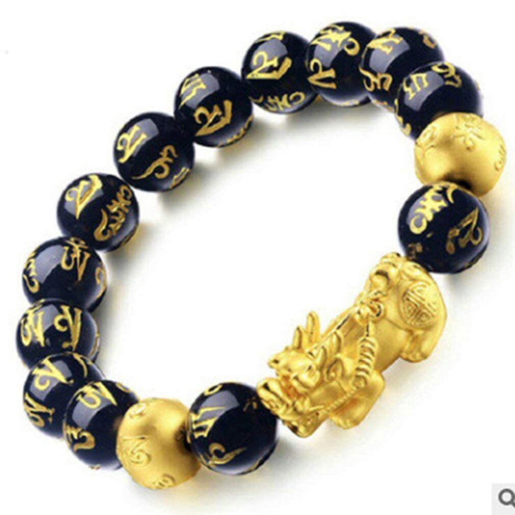 Pulsera de aleación de oro Feng Shui de 12mm, brazalete de dragón chino Pixiu, cuentas negras, abalorios de riqueza, joyería: Default Title