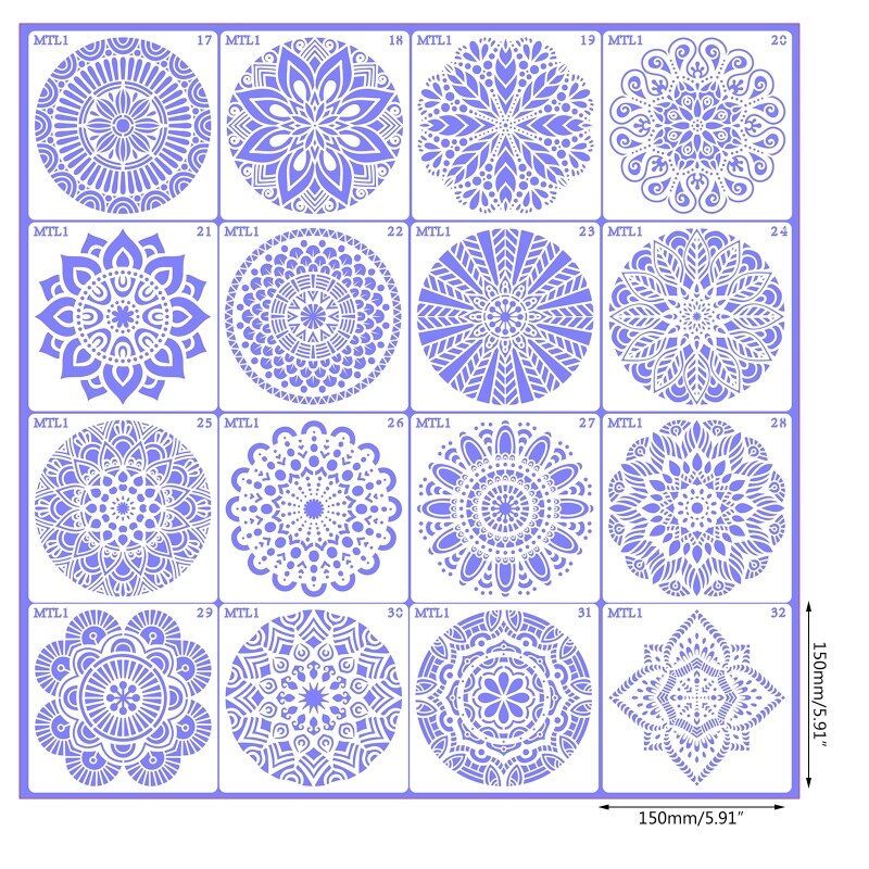 Plantillas de Mandala para pintar, 15x15cm, DIY, para dibujo, álbum de recortes, plantilla de pared, para azulejos de suelo de madera, plantilla de Arte de tela, 16 unids/set por juego: 5CC902024
