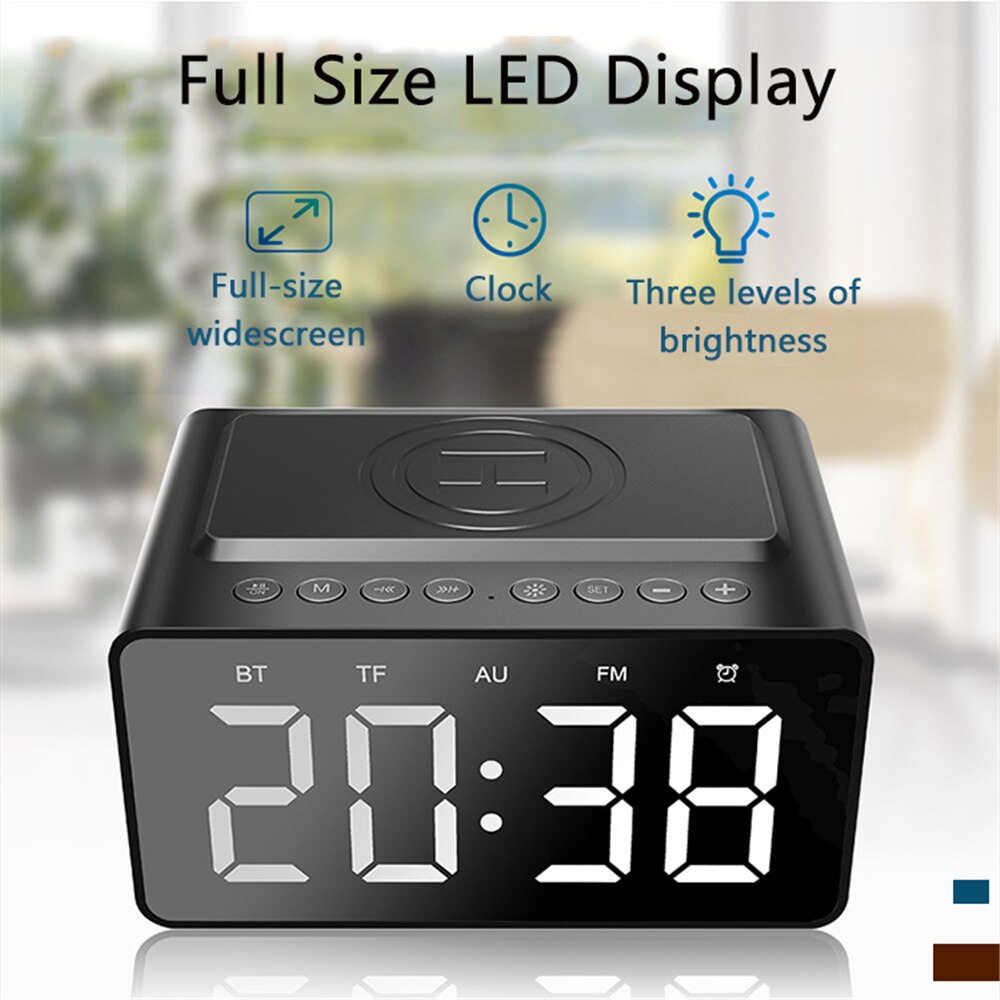 Alarm Clock Digital Bluetooth Speaker FM Radio With Clock With USB Charger &amp; Wireless QI Charging 3 Level Digital Desktop Clock