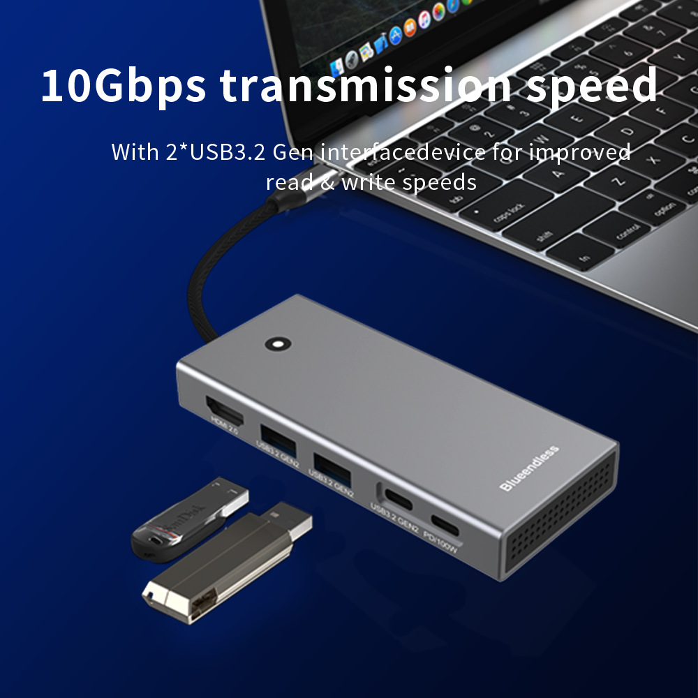 Blueendless m2 sata or m.2 NVMe SSD Enclosure with USB C hub Laptop Docking Station 4K 60Hz HDMI-Com USB3.2 100W PD SDTF 10Gbps
