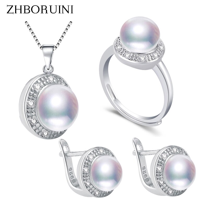 ZHBORUIN Perle Schmuck einstellen 100% Reale Natürliche Perle Halskette Ohrringe Ring 925 Sterling Silber Schmuck-einstellen Für Frauen: Ursprünglich Titel