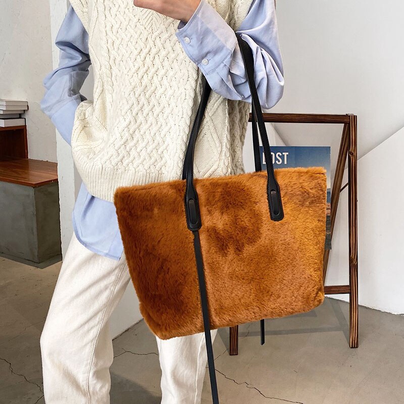 Vrouwen Schoudertas Winter Bont Handtas En Portemonnees Dames Bolsaszakken Voor Vrouwen Schouder Purse Pluche Dames Tas grote