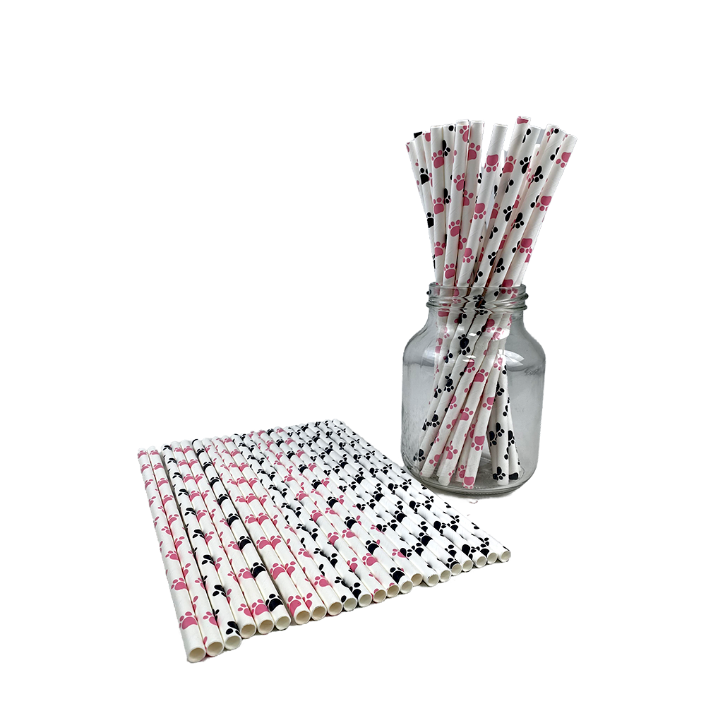 Canudos de papel com estampa de pata de cachorro, 25/50/100/200 peças, canudos de papel para cachorro, canudos para beber temáticos de cachorro, decorações de festa de aniversário de cachorro