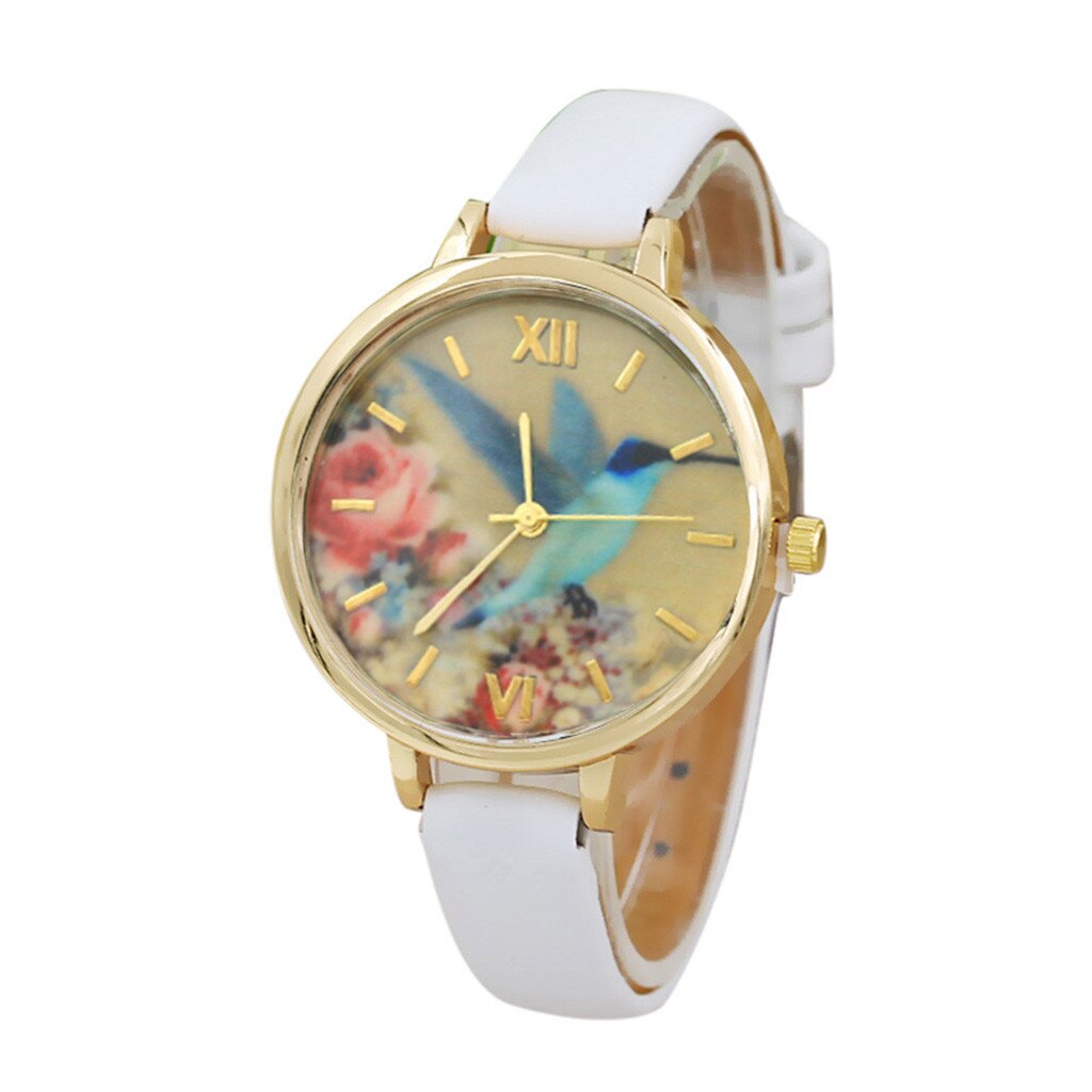 Vrouwen Jurk Leather Horloges Bloem Gedrukt Horloge Analoge Quartz Analoge Horloges Relogio Feminino: White