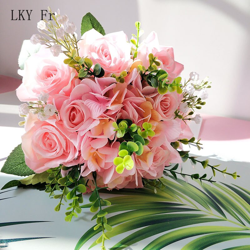 Lky Fr Bruiloft Boeket Bloemen Kunstmatige Bruidsboeket Bruid Accessoires Wit Roze Zijde Rozen Bruidsmeisjes Huwelijk Decoratie