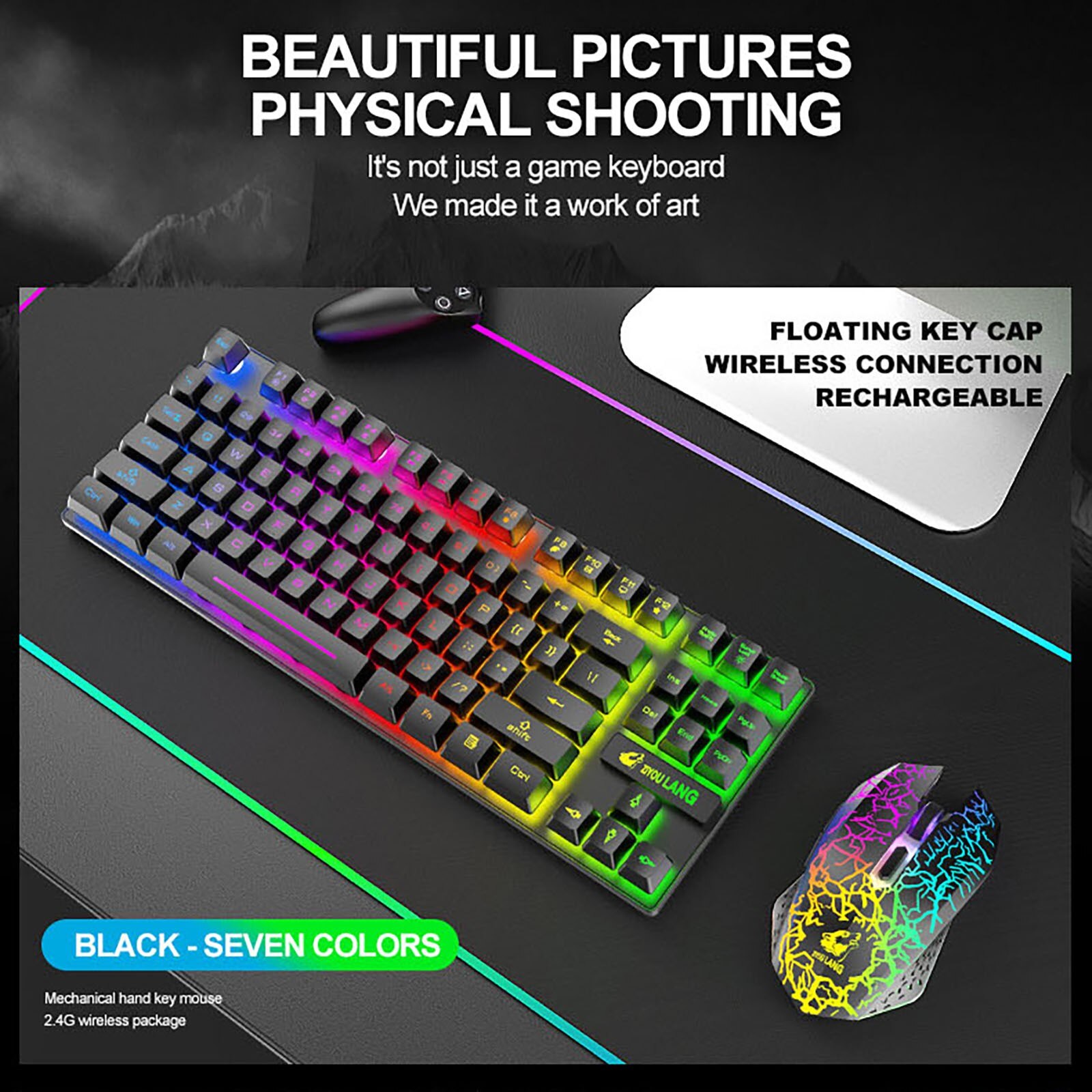 Rechargeable Wireless keyboard Gaming Mouse Sets 2.4GHz RGB Backlit 87key PC Keypad Ergonomic Wireless Mouse For Laptop PC Games