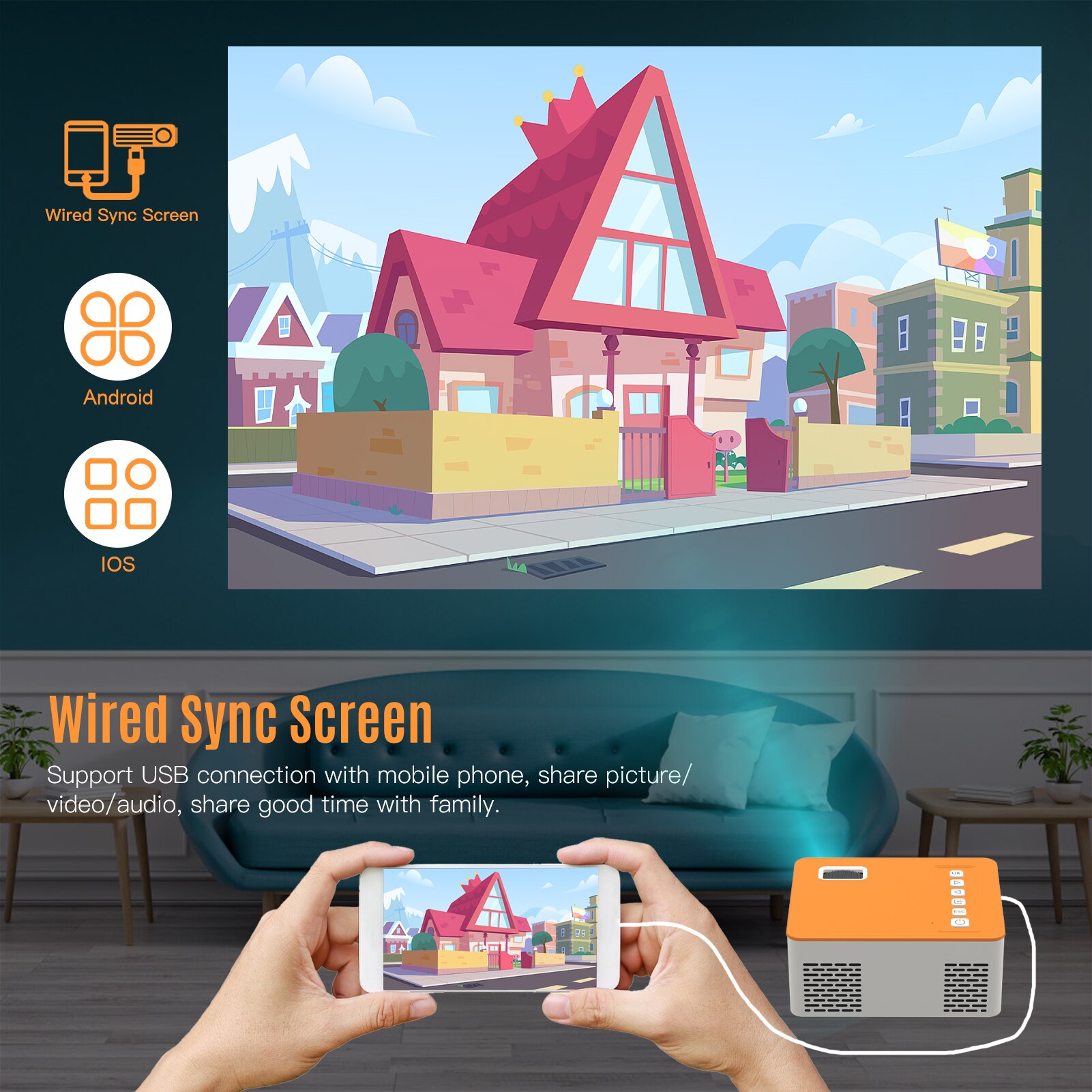 Mini Portable Video Projector LED Movie Projector Home Theater 1080P Supported 110Inch Display with USB TF AV Input For Children