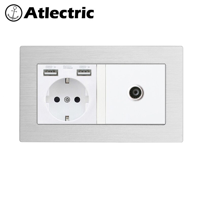 Atlectric DE EU RU Plug Wall Socket With LED Indicator Dual USB, RJ45, TV Port Double Socket Power Outlet Metal Panel 146mm*86mm