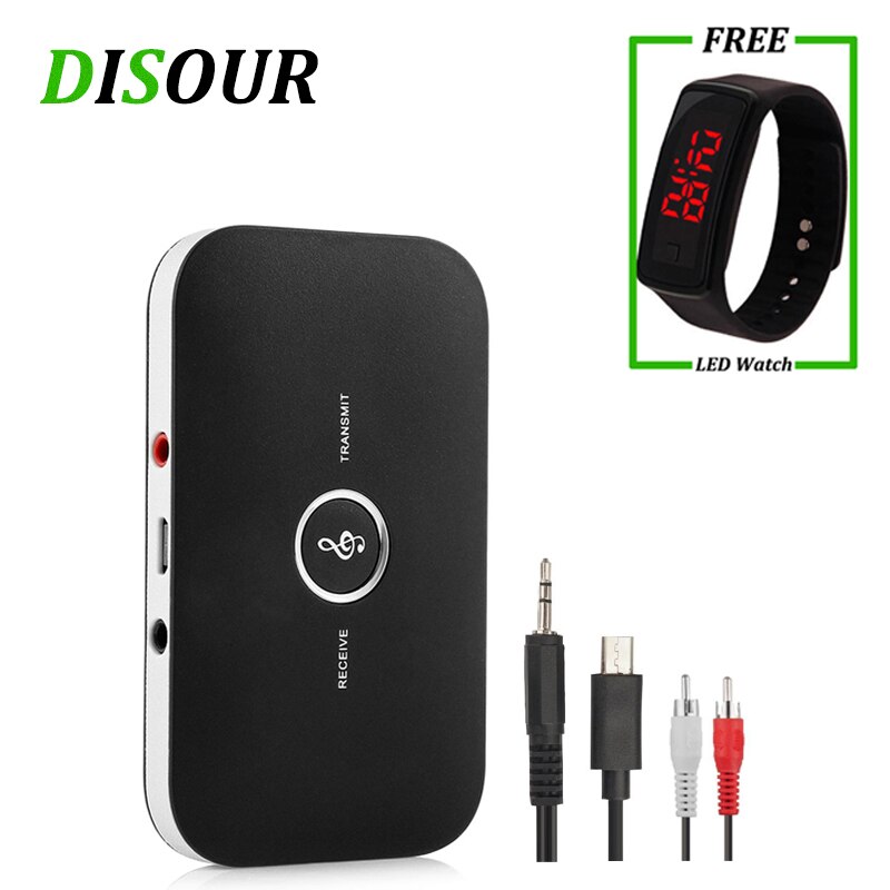 DISOUR-transmisor y receptor Bluetooth 2 en 1 para TV y coche, adaptador inalámbrico de Audio y música estéreo APTX con conector RCA AUX de 3,5mm, reloj gratis