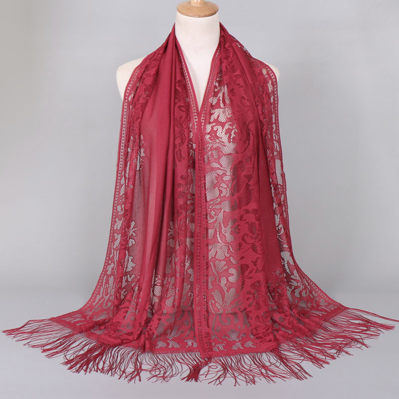 Hollow Out Flower Lace Hijab Sjaal Vrouwen Effen Kleur Vlakte Moslim Hoofd Haar Sjaals Wraps Winter Wit Zwart Rood: Wine Red