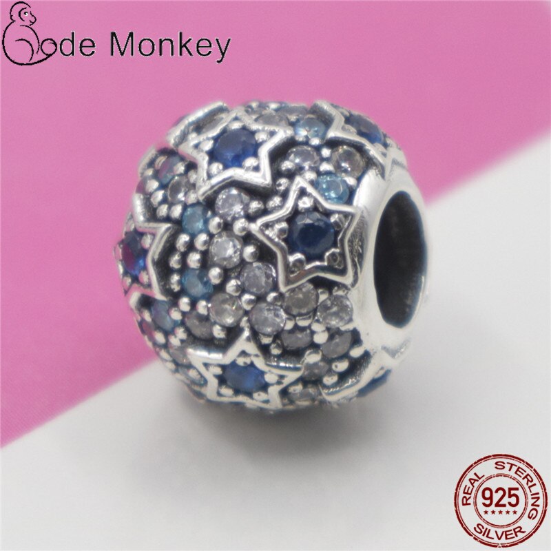 CodeMonkey claro CZ estrella azul alivio Ajuste Original 3mm pulsera y cuelga Plata de Ley 925 100% auténtica joyería CMS1541