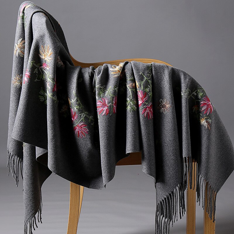 Borduren Bloemen Sjaal Vrouwen Kasjmier Katoen Viscose Sjaals Soild Plain Borduur Sjaals Moslim Kwasten Hijaabs GP02: drak gray
