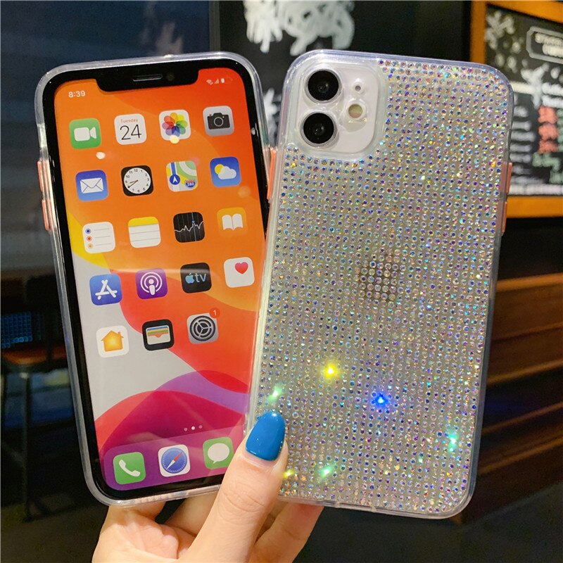 Funda trasera brillante 3D para iPhone, funda suave brillante con diamantes de imitación para iPhone 11 12 Pro Max X XS MAX XR 8 7 Plus SE