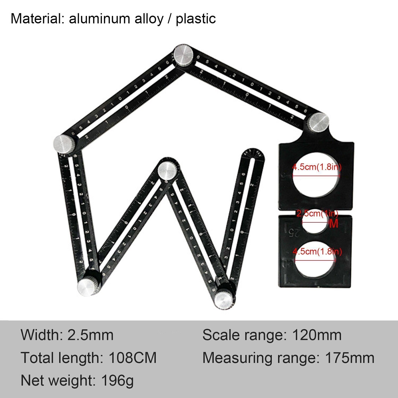 Folding Triangle Squares Ruler Positioning Angle Woodworking Tool Aluminum Alloy 2-in-1 Extendable Layout With Base Goniometer: 6 folding