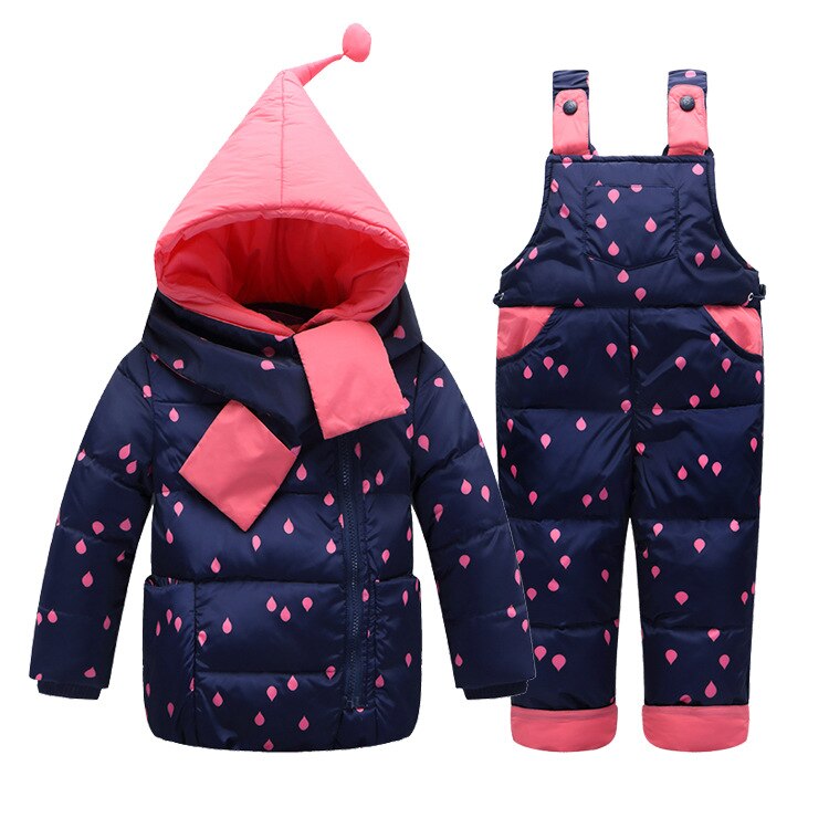 Piger vinter varm dunjakke dragt sæt børn tyk frakke + jumpsuit tøj til børn print regndråber hætteklædte overtøj: A3 / 4t