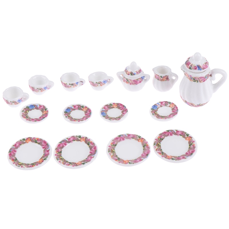 1:12 Miniature 15Pcs Porcelain Tea Cup Set Chintz Flower Tableware Kitchen Dollhouse Furniture Toys For Children