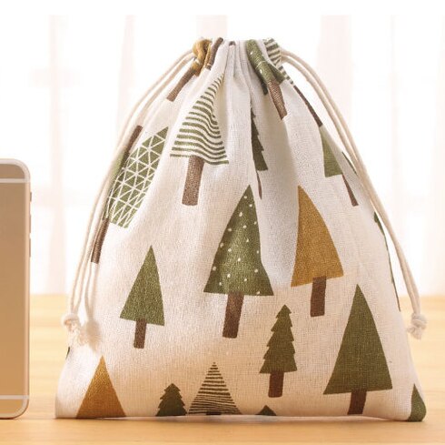 Handmade Cotton Linen Women Drawstring Bags Casual Cartoon Print Travel Home Storage Bag Environmental Reusable Fabric Pouch Bag: tree M