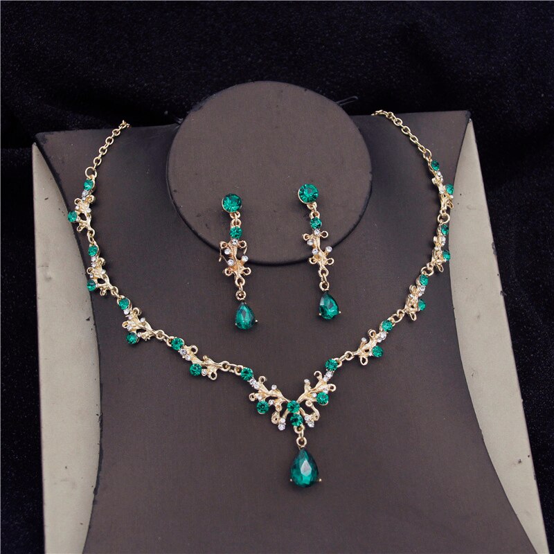 Baroque Crystal Bridal Jewelry Sets for Women Prom Tiara Crowns Earring Necklace Bride Wedding Jewelry Set: Green